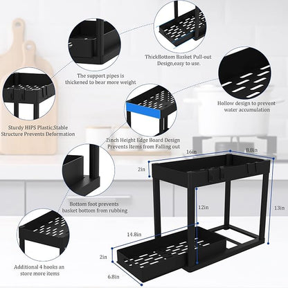 2pcs Under Sink Organizer Kitchen Bathroom Storage Cabinet 2 tier Sliding Drawer Counter Organization Shelf Storage Drawers Rack with Pull Out Basket and Hooks Black