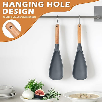 Cooking Spoon Set with Wooden Handle, Heat-Resistant Kitchen Utensils for Stirring, Mixing, Serving, Non-Stick Cookware (GRAY - 1Pack)