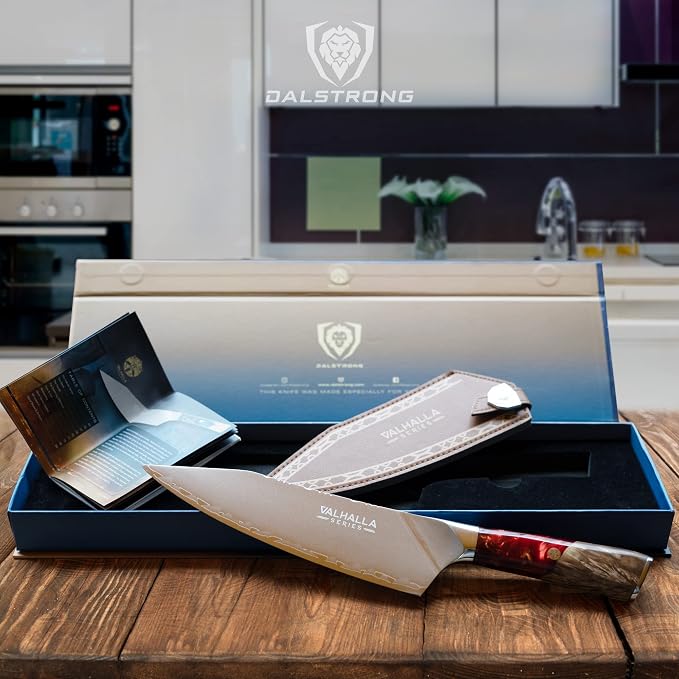 Dalstrong Chef Knife - 8 inch Blade - Premium 9CR18MOV HC Steel - Full Tang - Red Resin Handle - Chef's Knife - Valhalla Series - Razor Sharp Kitchen - Professional Leatther Sheath
