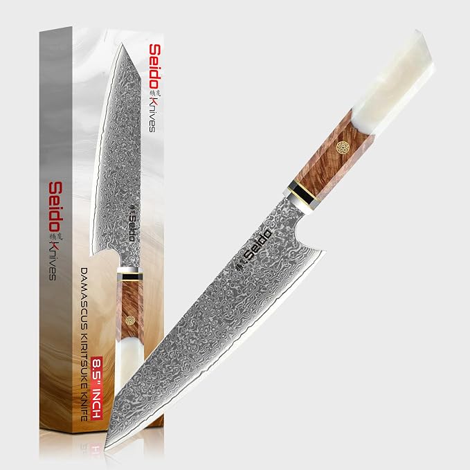Seido Knives Kiritsuke Damascus Steel Chef Knife Epoxy Resin Stabilized Wood Handle Professional Kitchen Knife VG10 High Carbon Stainless Steel, Pearl White