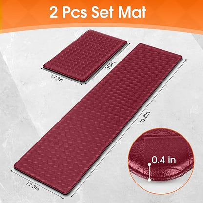 TranquilRelax 2-Piece Anti-Fatigue Kitchen Mats, Cushioned Non-Slip Waterproof Sink & Stove Floor Mats, Comfortable Standing Rug Set for Kitchen, Laundry & Entryway, Red