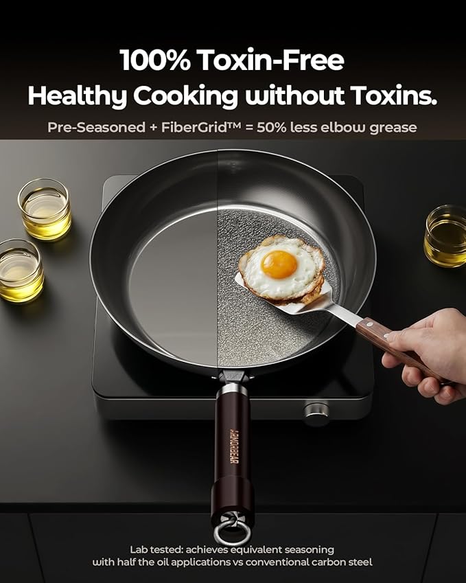 8 Inch Self-Seasoning Nitrided Carbon Steel Pan, Small Skillet for Eggs Camping and Individual Cooking Portions, Pre-seasoned, Wooden Handle, PFAS & PFOA-Free