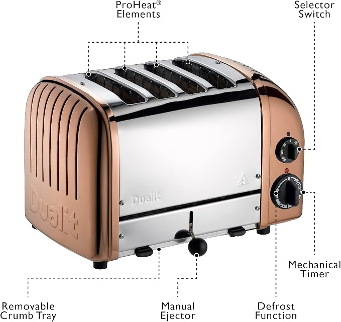 Dualit Classic 4 Slice NewGen Toaster - Stainless Steel - Hand Built in the UK - Replaceable ProHeat elements - Defrost Bread - Mechanical Timer - Copper Classic Toaster