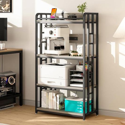 METYERRY Adjustable 4-Tier Heavy Duty Kitchen Baker's Rack with Power Outlet, with Industrial Wheels, Free Standing Microwave Oven Cart Stand for Storage in Living Room, Garage, Greige