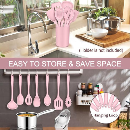 P&P CHEF Silicone Cooking Utensils Set of 7, Heat-proof Kitchen Utensils Set for Nonstick Cookware, Non-stick Spatula, Slotted Turner, Soup Ladle, Pasta Server, Spoon for Cooking Serving - Pink