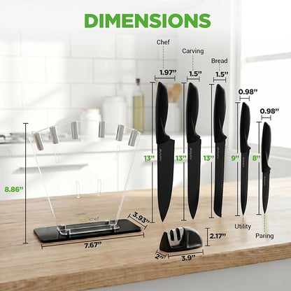 NutriChef 7 Piece Kitchen Knife Set - Stainless Steel Kitchen Precision Knives Set w/ 5 Knives & Bonus Sharpener, Acrylic Block Stand - Cutting Slicing, Chopping, Dicing - NCKNS7X
