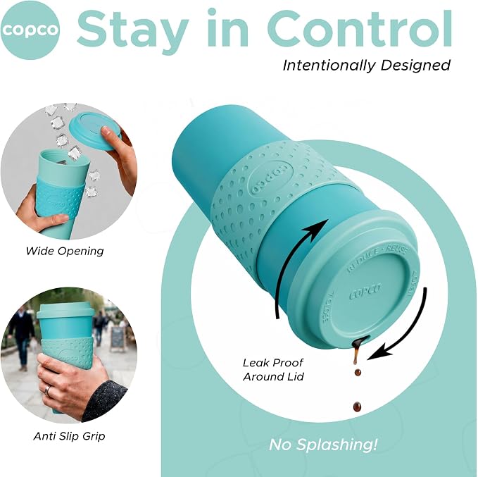 Copco Acadia 16oz Travel Mug with Lid, Set of 2 Double Wall Insulated Tumbler, Non-Slip Sleeve and BPA-Free - Microwave & Dishwasher Safe, Reusable Plastic To Go Travel Coffee Mug (Aqua/Mint)