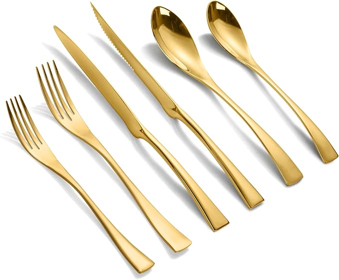Lemeya 24-Pieces Gold Silverware Set with Steak Knives,Heavy Duty 18/10 Stainless Steel Flatware Set for 4,Modern Cutlery with Forged Stand Knives,Mirror Polished,Dishwasher Safe