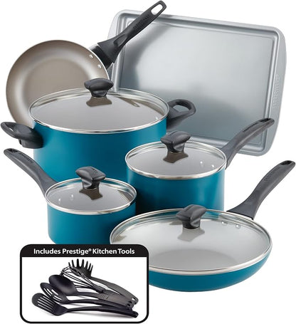 Farberware Dishwasher Safe Aluminum Nonstick Cookware Pots and Pans Set, 15-Piece, Teal