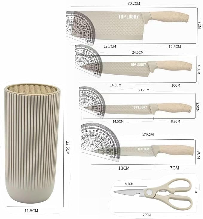 Luxury Aesthetic Kitchen Knife Set with Holder,6Pcs Beige Knife Set with Wood Grain Handle,Stainless Steel Chef Knives and Scissors,Gift for Cooking