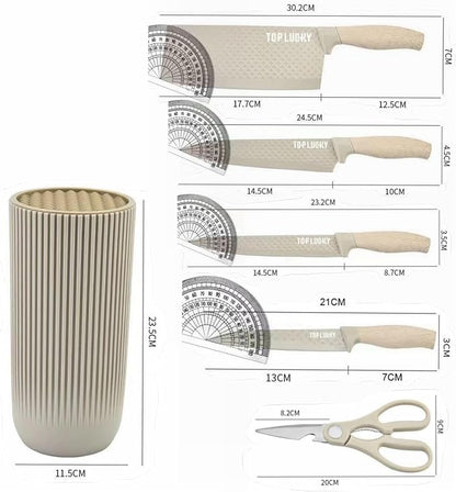 Luxury Aesthetic Kitchen Knife Set with Holder,6Pcs Beige Knife Set with Wood Grain Handle,Stainless Steel Chef Knives and Scissors,Gift for Cooking