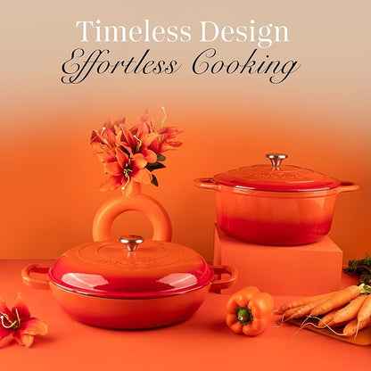 Shallow Cast Iron Casserole with Lid – Non Stick Dutch Oven Pot, Oven Safe up to 500° F – Sturdy Ovenproof Stockpot Cookware – Enamelled Cooking Pot – Orange, 5-Quart, 32cm – by Nuovva