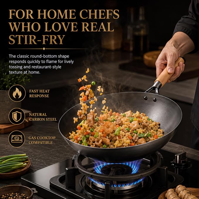 Calmabode 13” Large Round Bottom Carbon Steel Wok with Glass Lid | Large traditional Chinese round-bottom wok for gas stoves, nitrided carbon steel, glass lid, ideal for family stir-fry