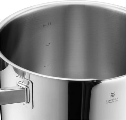 WMF Function 4 Induction Saucepans Set of 4 Polished Cromargan Stainless Steel Glass Lid with 4 Pouring Functions Induction Pots Internal Scale