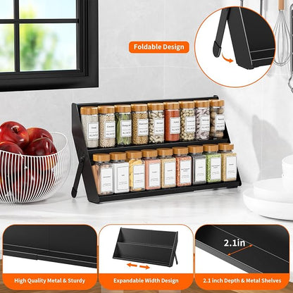 Spice Rack Organizer for Cabinet, 12.8 to 21.8in Expandable Spice Rack, Metal 2 in 1 Spice Drawer Organizer Spice Shelf for Kitchen Countertop Cabinet Drawer, Fits Jars ≤2.1in(Jars Not Included)