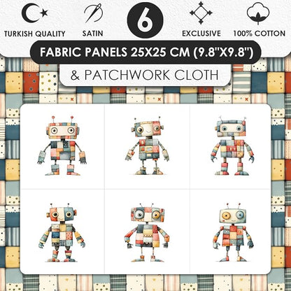 Robot Patchwork Cotton Fabric Panel – 6 Designs (10×10 inch Each) + Bonus Patchwork Sheet 29.5×19.6 inch, 100% Cotton 140 GSM, Made in Turkey