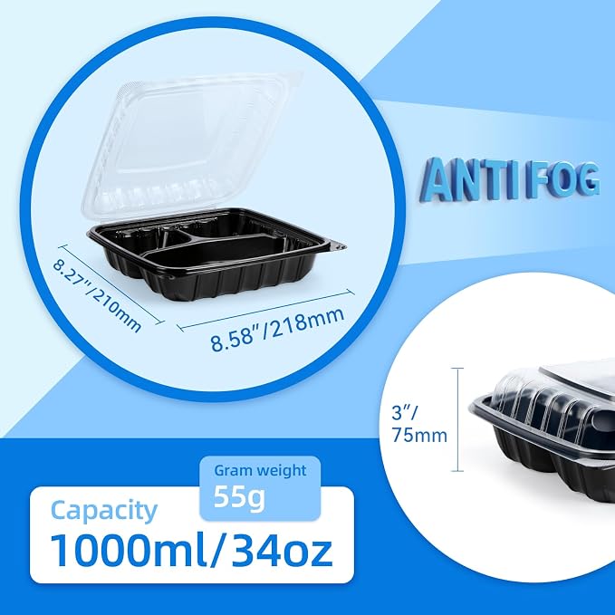 YANGRUI 25 Pack 34oz 8" 3-Compartment Togo Container Shrink-Wrapped No Wash | Ready to Use Anti-Fog Lid | Leakproof BPA-Free PP | Microwave & Freezer Safe for Cold Brew Salad, Hotel Catering & Meal Prep