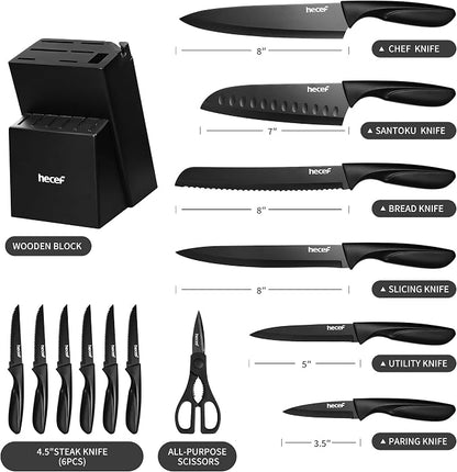 hecef 15PCS Black Knife Block Set with Built-in Sharpener – Non-Stick Coating Blades & Ergonomic Handle for Effortless Cutting & Slicing