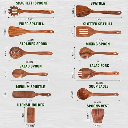 12 Piece Wooden Spoons for Cooking, Natural Teak Wooden Utensils Set, Handmade Wood Kitchen Utensil Set with Holder and Spoon, Durable Nonstick, Comfort Grip Wood Cookware Tool