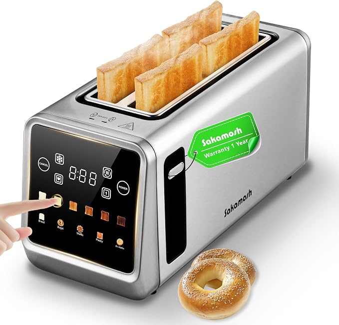 SAKAMOSH Touch Screen Toaster 4 Slice, Smart Digital Toasters with LED Display & Timer, Extra Long Wide Slots for Bagels, 6 Browning Levels & 5 Bread Types, Memory Function, 1400W, Stainless Steel