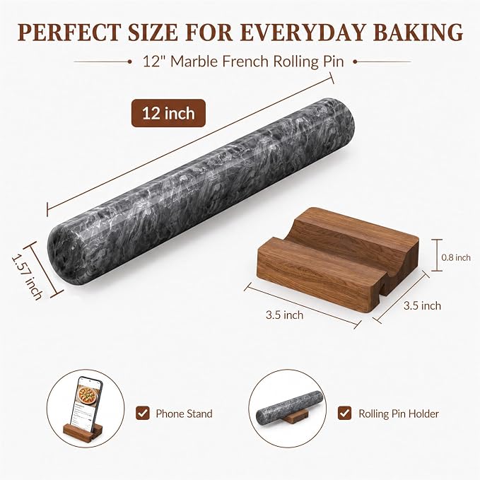 French Rolling Pin for Baking, FiiMan 12 Inch Marble Rolling Pins with Wooden Stand, Heavy Stone French Polished Non-Stick Roller Pins For Baking Cookie Pizza Pastry (Black)