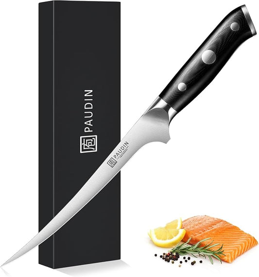 PAUDIN Fillet Knife, 7" Flexible Boning Knives with G10 Handle, Dishwasher Safe High Carbon German Steel Fish Knife for Meat Trimming, Deboning & Skinning,Professional Holiday BBQ Cooking Gift for Men