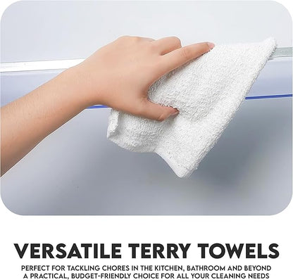 Terry Bar Mop Towels - 60 Pack (14"x17") White Cotton Terry Cloths, Super Absorbent Cleaning Rags, Reusable Bar Mop Towels for Kitchen, Garage, Salon, Spa & Commercial Use