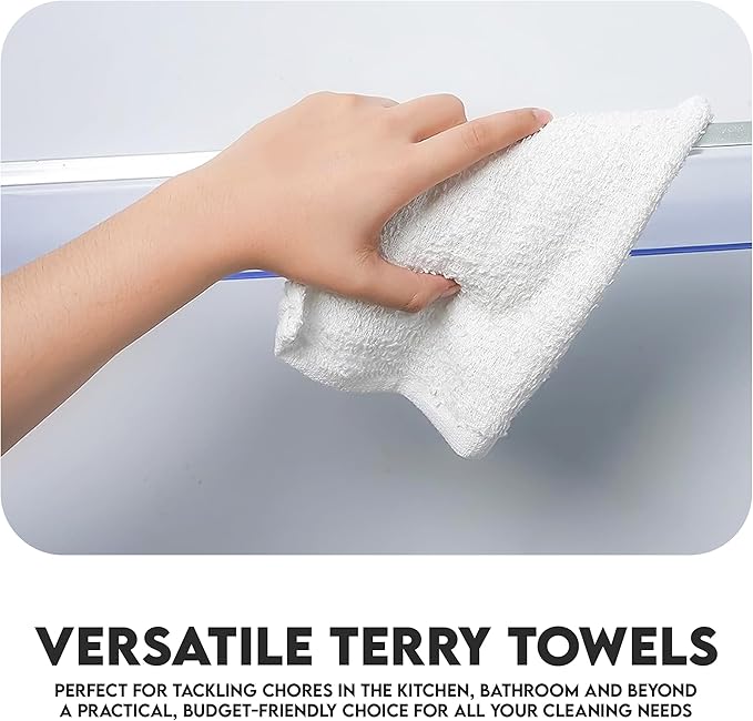 Terry Bar Mop Towels - 24 Pack (14"x17") White Cotton Terry Cloths, Super Absorbent Cleaning Rags, Reusable Bar Mop Towels for Kitchen, Garage, Salon, Spa & Commercial Use