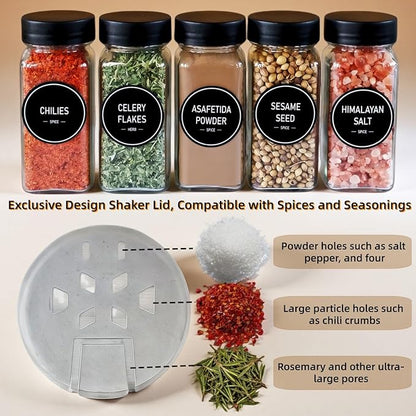 Spice Jars with Labels - 24 Glass Spice with Shaker Lids & Airtight Plastic Caps - 4oz Complete Seasoning Containers Organizer Set for Cabinet, Drawer & Rack (Black)