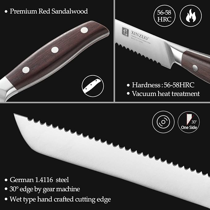 XINZUO 8 Inch Serrated Bread Knife for Homemade Bread Sourdough,German Stainless Steel,Multifunction Bread Cutting Knife with Red Sandalwood Handle