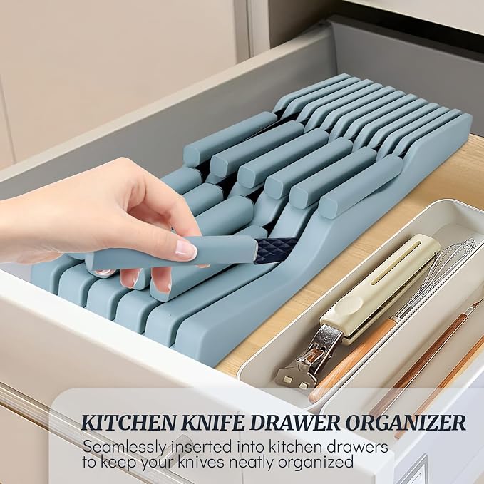 12-Piece Blue Modern Knife Block Set with Drawer Organizer, Stainless Steel Knife Set, 7.2" Chef Knife, 6 Steak Knives