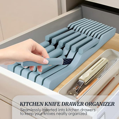 12-Piece Blue Modern Knife Block Set with Drawer Organizer, Stainless Steel Knife Set, 7.2" Chef Knife, 6 Steak Knives