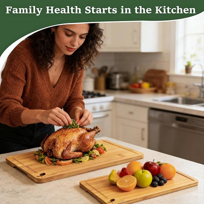 Cutting Board Set of 2, L and XL Bamboo Chopping Boards for Kitchen, Butcher Block Cutting Boards with Side Handles for Meat, Vegetables, Fruit, Meal Prep and Daily Cooking