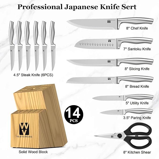 14-Piece Knife Set with Natural Wood Block, Stainless Steel Kitchen Knife Block Set with Ergonomic Handles, Includes Steak Knives, Dishwasher Safe