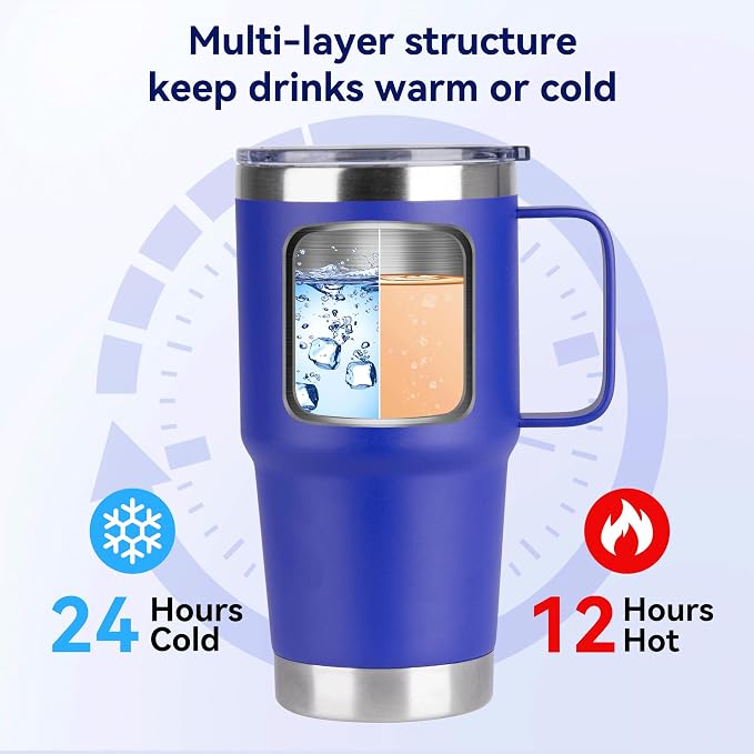 20oz Tumbler Bulk with Lid, Stainless Steel Tumbler Bulk with Handle, Metal Insulated Travel Coffee Mug Set with Handle, Double Wall Vacuum Leak Proof Tumbler Cup, Blue 6 Pack
