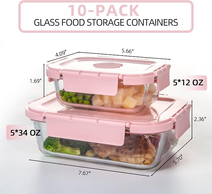 Glass Meal Prep Containers 10 Pack, Food Storage Containers with Snap Locking Lids Airtight Built in Air Vents, Glass Containers for Lunch, Microwave/Dishwasher Safe, Pink