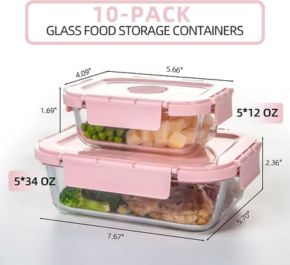 Glass Meal Prep Containers 10 Pack, Food Storage Containers with Snap Locking Lids Airtight Built in Air Vents, Glass Containers for Lunch, Microwave/Dishwasher Safe, Pink