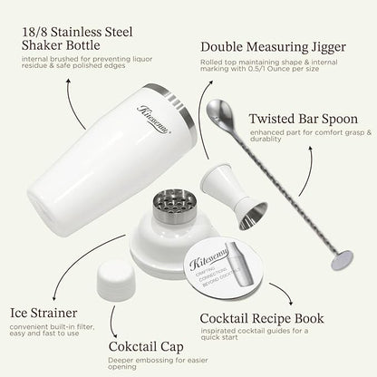 KITESSENSU Cocktail Shaker Set, Stainless Steel Martini Shaker with Bartender Strainer, Measuring Jigger, Bar Mixing Spoon, Cocktail Recipe Included, White