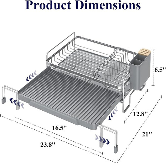 Kitsure Extendable Dish Drying Rack - Adjustable Length 12.8"–21.0", Auto-Draining Dish Rack for Kitchen Counter, Rust-Resistant Metal Frame Over-Sink Support for Plates, Bowls & Utensils, Sliver Grey