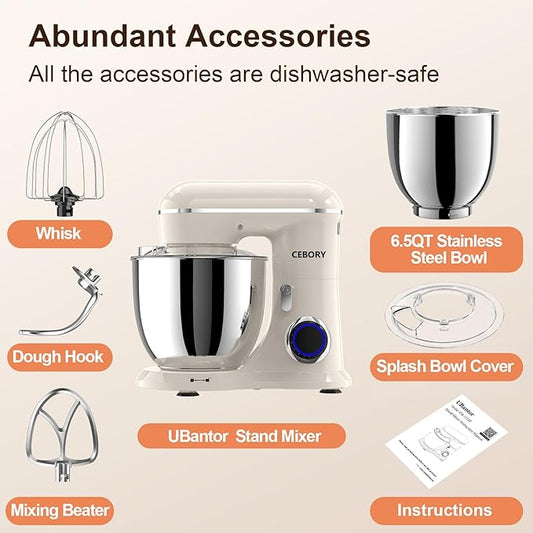 CEBORY 3-IN-1 Electric Stand Mixer, 6.5QT Bowl 660W 10-Speed Kitchen Mixer, Household Food Mixers include Dough Hook, Beater and Whisk, Bread Cake Mixer for Baking and Most Home Cooks, Almond Cream