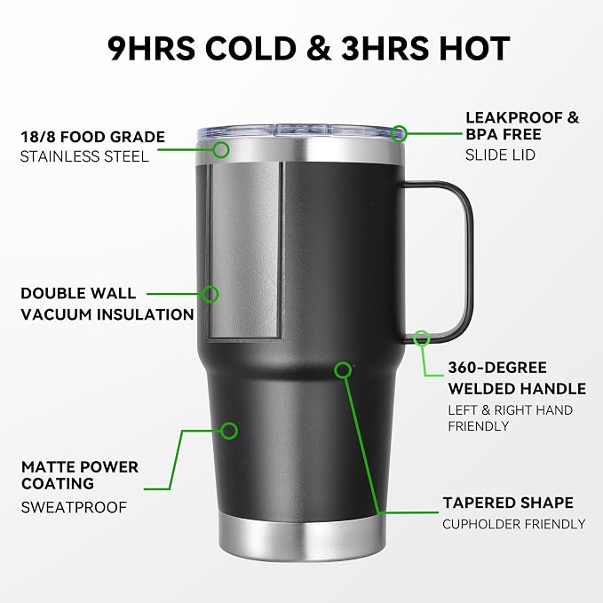 20 oz Stainless Steel Tumbler with Handle Bulk Metal Insulated Tumblers Travel Coffee Mug with Handle Double Wall Tumbler Cup with Lid and Straw, Black 12 Pack