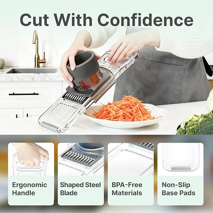 ZKIRON Mandoline Slicer for Kitchen - 6-in-1 Multifunctional Vegetable Cutter with Transparent Body & Safe Hand Guard, Compact Stainless Steel Food Slicer for Salad, Potato, Onion