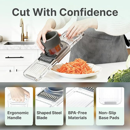 ZKIRON Mandoline Slicer for Kitchen - 6-in-1 Multifunctional Vegetable Cutter with Transparent Body & Safe Hand Guard, Compact Stainless Steel Food Slicer for Salad, Potato, Onion