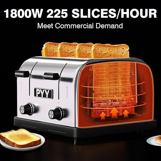 PYY Professional Commercial 4 Slice Toaster - 1800W Stainless Steel Heavy Duty Toaster, 6 Browning Levels, 1.57" Wide Slots, Removable Crumb Tray for Bagels Bread Waffles (Commercial & Home Use)