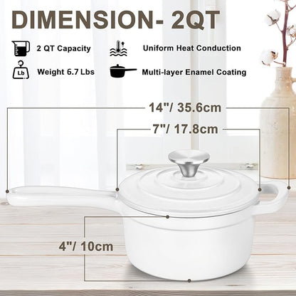 2 Quart Saucepan with Lid, Leonyo Enameled Cast Iron Sauce Pan, Heavy Duty Dutch Oven Cast Iron Pot Kitchen Cookware for All Cooktops Cooking Pasta, Milk, Soup- Up to 500°F & 6.7Lbs, White