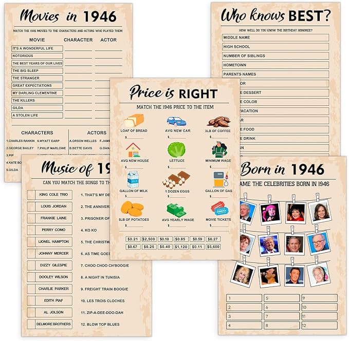 QUPT 80th Birthday Party Games, Born in 1946 Games Bundle, Set of 5 Activities for 10 Guests, Birthday Party Supplies for Adults, Pack of 50 Cards