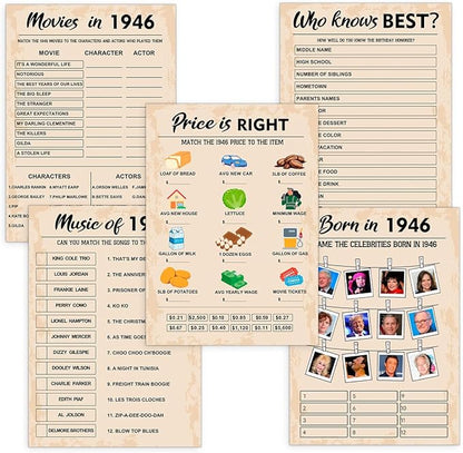 QUPT 80th Birthday Party Games, Born in 1946 Games Bundle, Set of 5 Activities for 10 Guests, Birthday Party Supplies for Adults, Pack of 50 Cards