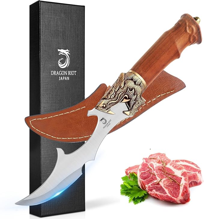 DRAGON RIOT Kitchen Meat Cleaver Knife for Cutting, Professional Butcher Knife Outdoor Kitchen for Meat Cutting Vegetable Slicing - Premium Steel, Leather Sheath, Ideal Gift