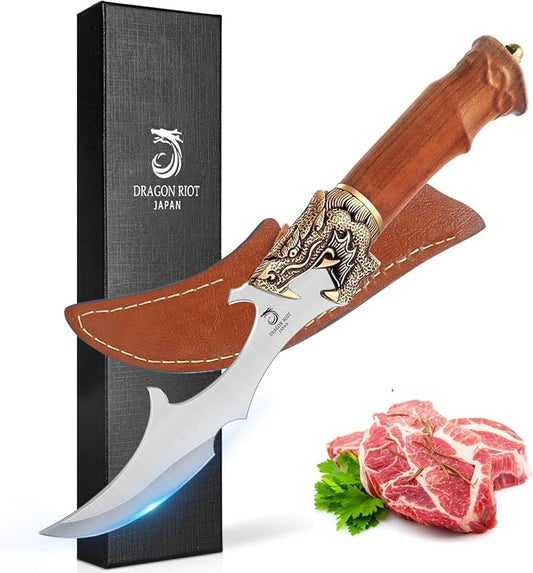 DRAGON RIOT Kitchen Meat Cleaver Knife for Cutting, Professional Butcher Knife Outdoor Kitchen for Meat Cutting Vegetable Slicing - Premium Steel, Leather Sheath, Ideal Gift
