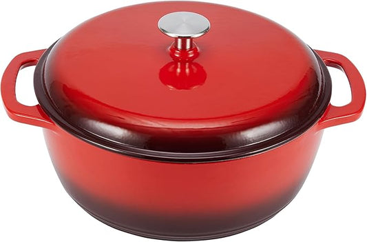 Amazon Basics Enameled Cast Iron Dutch Oven Pot with Lid, Round, Dual Handles, Heavy-Duty, Oven Safe for Stews, Roasting, Baking, 7.3-Quart, Red